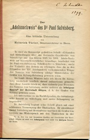 Türler, Der "Adelsnachweis" des Dr. Paul Salvisberg. (Umschlag)